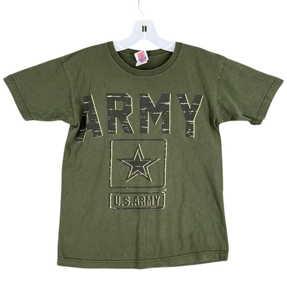 Bayside US Army‎ Graphic Military Olive Green Short Sleeve Cotton Shirt S Mens